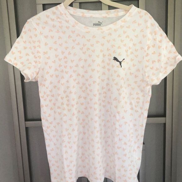 Puma White and pink heart print T-shirt, cotton small - Picture 1 of 5